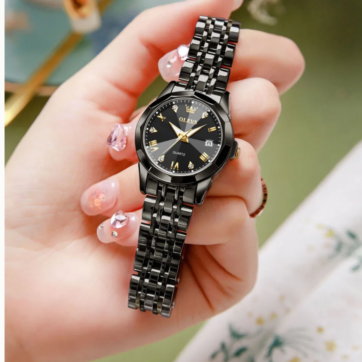 Butter Fly Lock Olievs Stainless Steel fashionable Couple watches +1pcs chain cutter+ 2 pcs battery Full Black