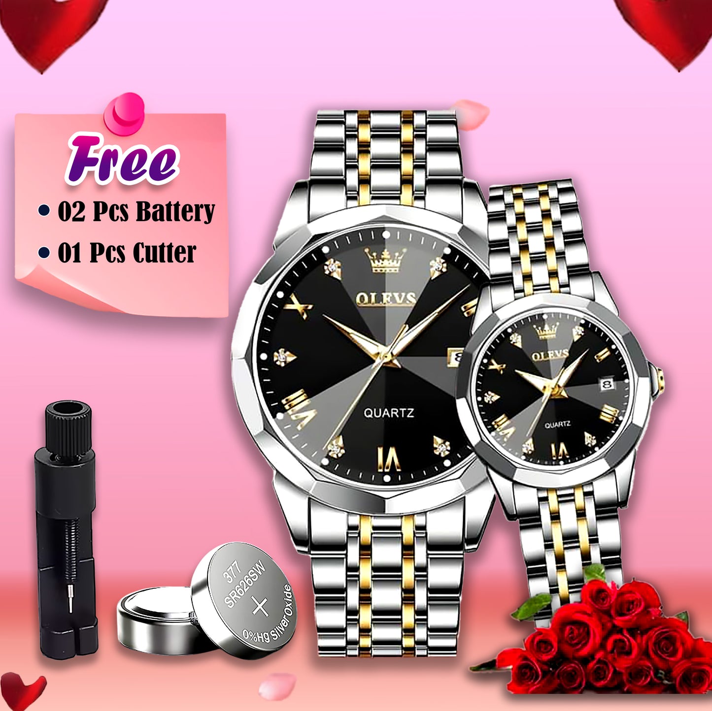 Butter Fly Lock Olievs Stainless Steel fashionable Couple watches +1pcs chain cutter+ 2 pcs battery Full Black