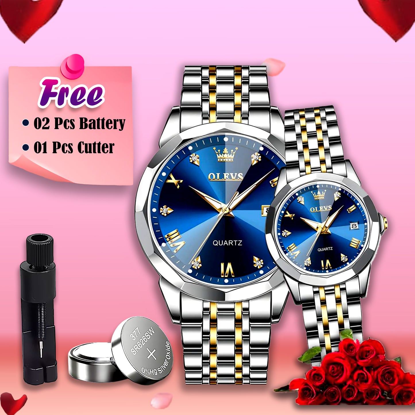 Butter Fly Lock Olievs Stainless Steel fashionable Couple watches +1pcs chain cutter+ 2 pcs battery Full Black