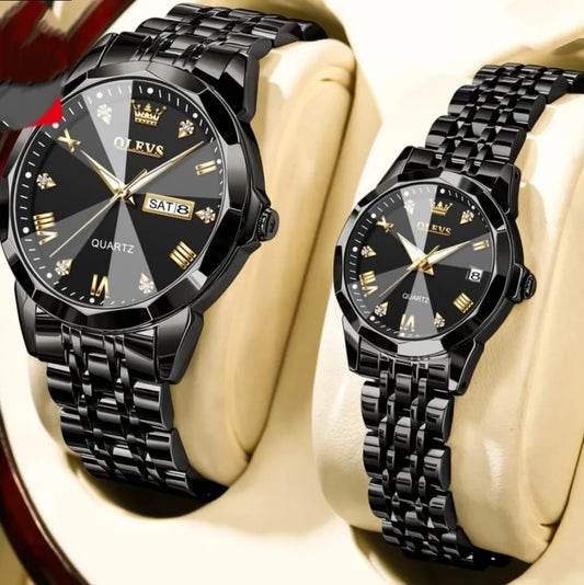 Butter Fly Lock Olievs Stainless Steel fashionable Couple watches +1pcs chain cutter+ 2 pcs battery Full Black