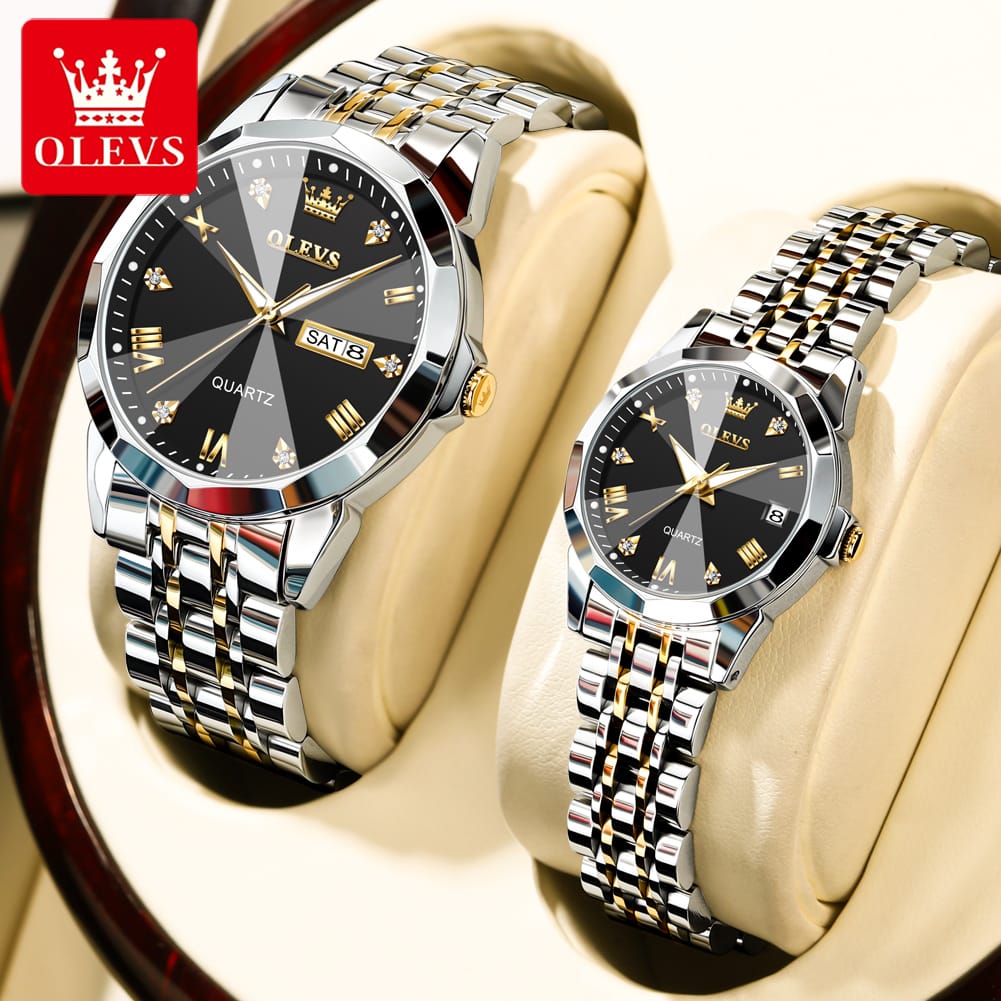 Butter Fly Lock Olievs Stainless Steel fashionable Couple watches +1pcs chain cutter+ 2 pcs battery Full Black